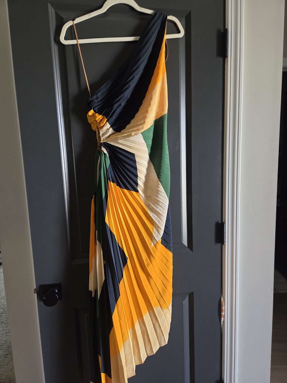 VICI Medium Dress in Mustard Yellow and Navy Geometric